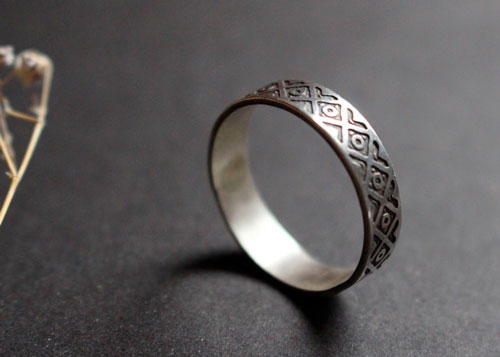 Tribal, ethnic squares and circles ring in sterling silver