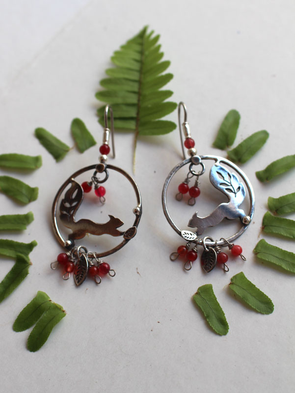 Under the berries, squirrel and red berry earrings in silver and coral