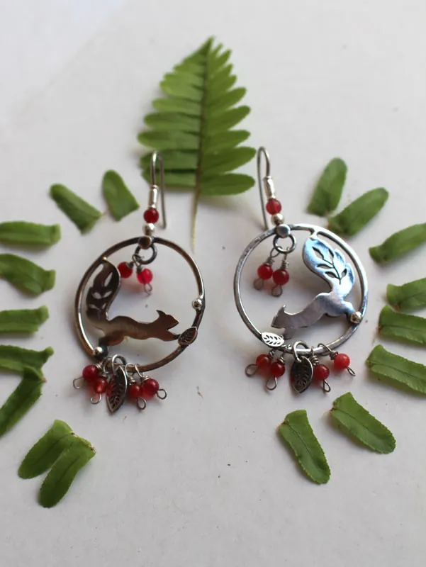 Under the berries, squirrel and red berry earrings in silver and coral