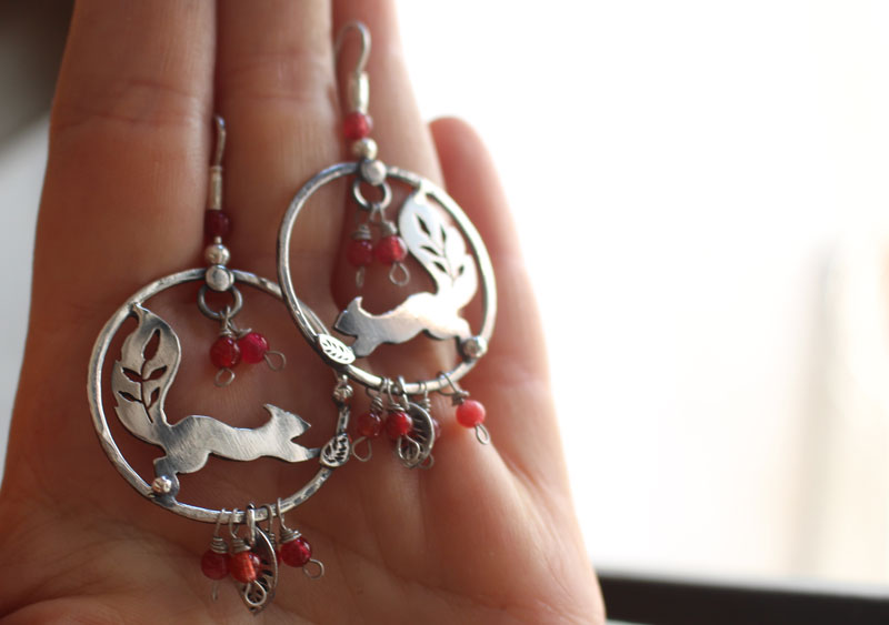 Under the berries, squirrel and red berry earrings in silver and coral