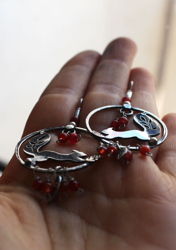 Under the berries, squirrel and red berry earrings in silver and coral