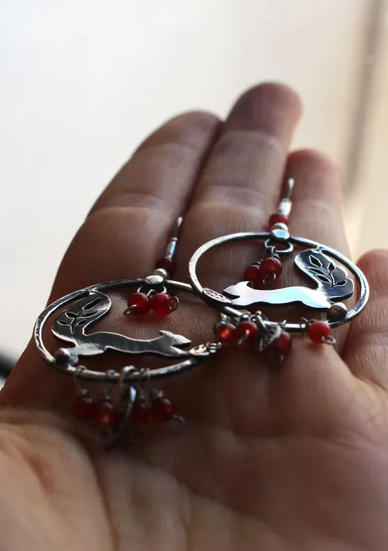 Under the berries, squirrel and red berry earrings in silver and coral