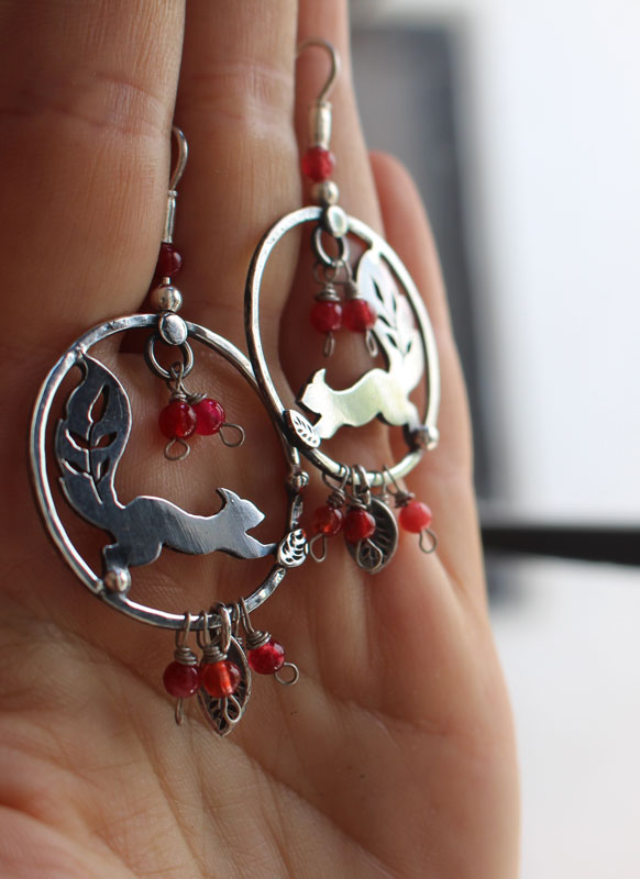 Under the berries, squirrel and red berry earrings in silver and coral