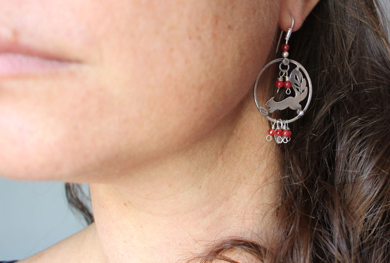 Under the berries, squirrel and red berry earrings in silver and coral