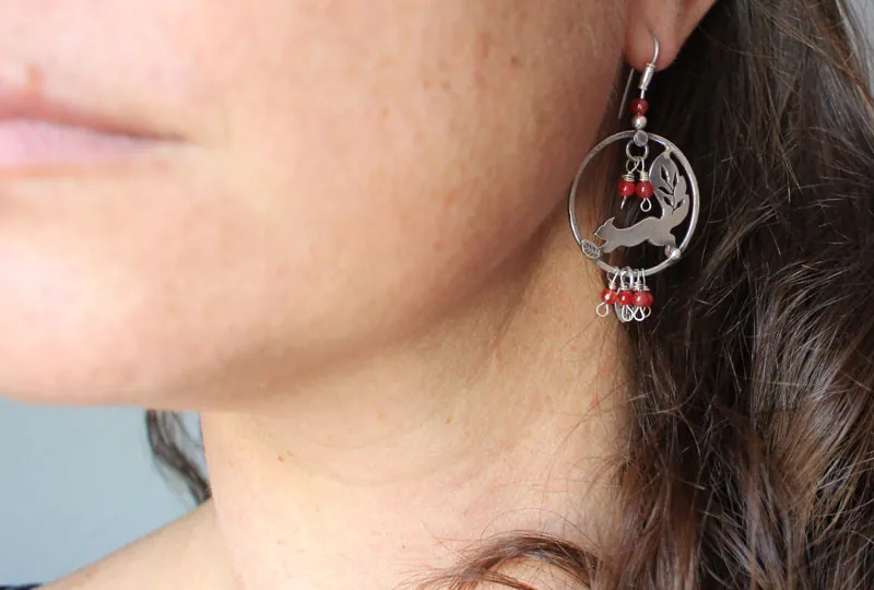 Under the berries, squirrel and red berry earrings in silver and coral