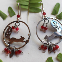 Under the berries, squirrel and red berry earrings in silver and coral