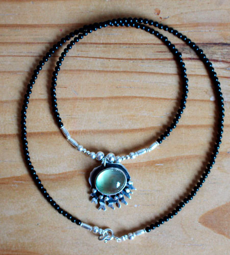 Under the ocean, tropical sea necklace in silver, prehnite and black agate