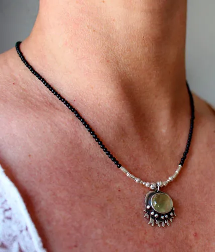 Under the ocean, tropical sea necklace in silver, prehnite and black agate