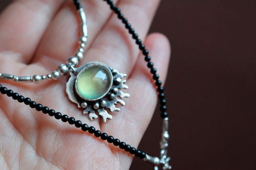 Under the ocean, tropical sea necklace in silver, prehnite and black agate
