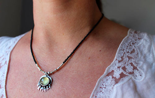 Under the ocean, tropical sea necklace in silver, prehnite and black agate