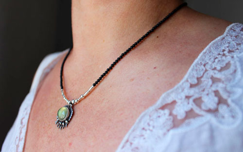 Under the ocean, tropical sea necklace in silver, prehnite and black agate
