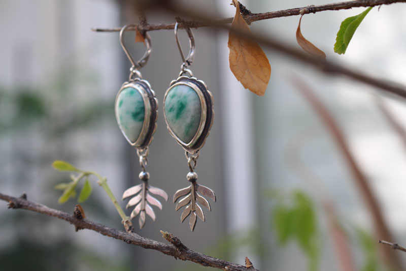 Undergrowth, Celtic fern earrings in silver and jasper