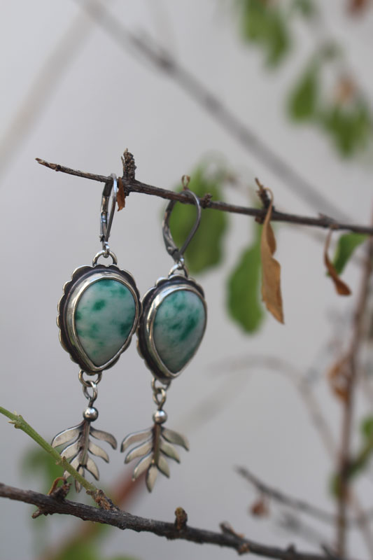 Undergrowth, Celtic fern earrings in silver and jasper