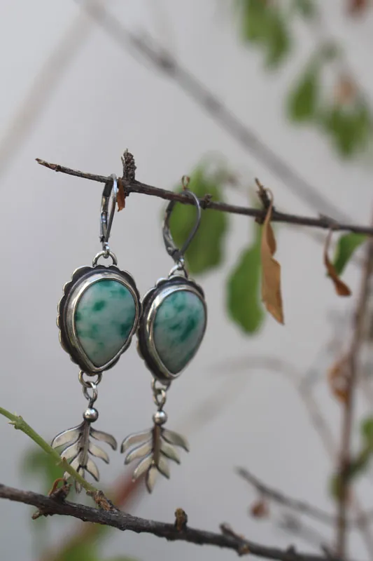 Undergrowth, Celtic fern earrings in silver and jasper