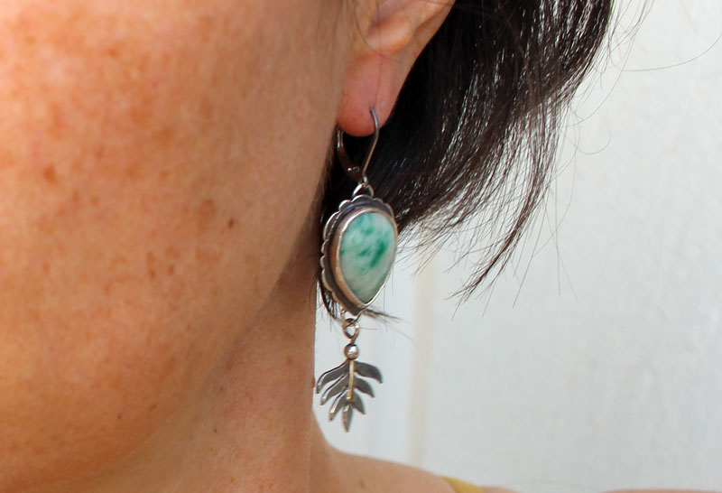 Undergrowth, Celtic fern earrings in silver and jasper