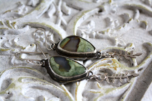 Undergrowth rain, fern earrings in silver with rainforest jasper