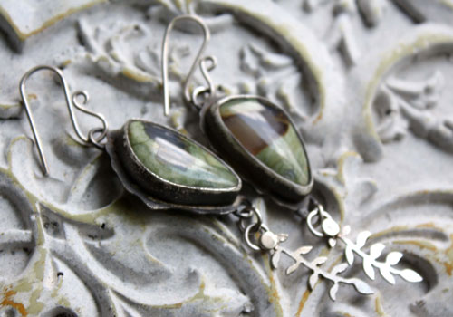 Undergrowth rain, fern earrings in silver with rainforest jasper