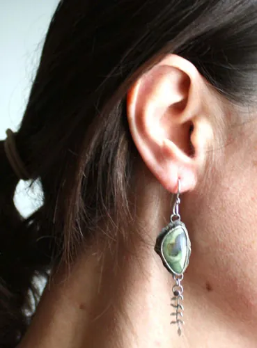 Undergrowth rain, fern earrings in silver with rainforest jasper