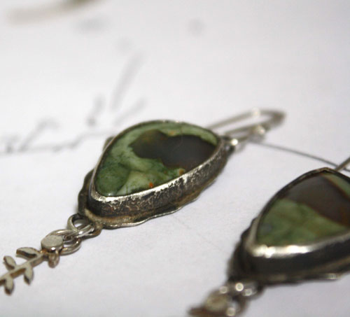 Undergrowth rain, fern earrings in silver with rainforest jasper