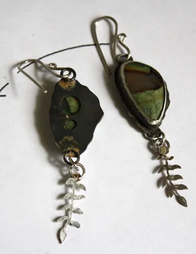 Undergrowth rain, fern earrings in silver with rainforest jasper