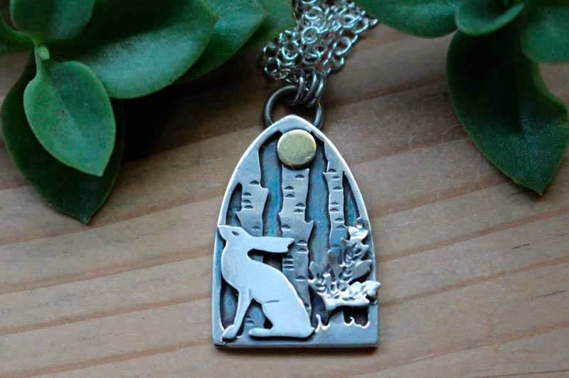 Understory hare, forest under the moon necklace in silver and brass