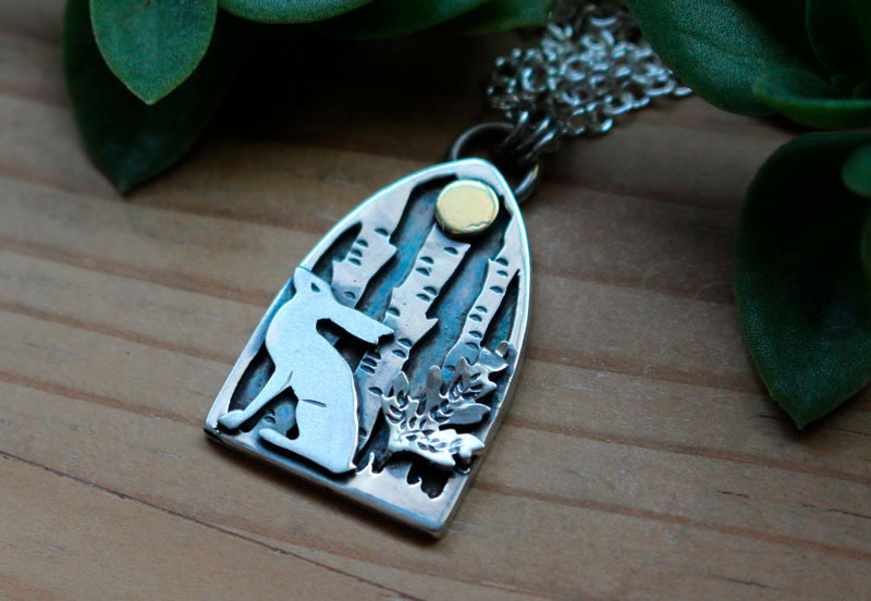 Understory hare, forest under the moon necklace in silver and brass
