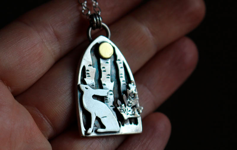 Understory hare, forest under the moon necklace in silver and brass