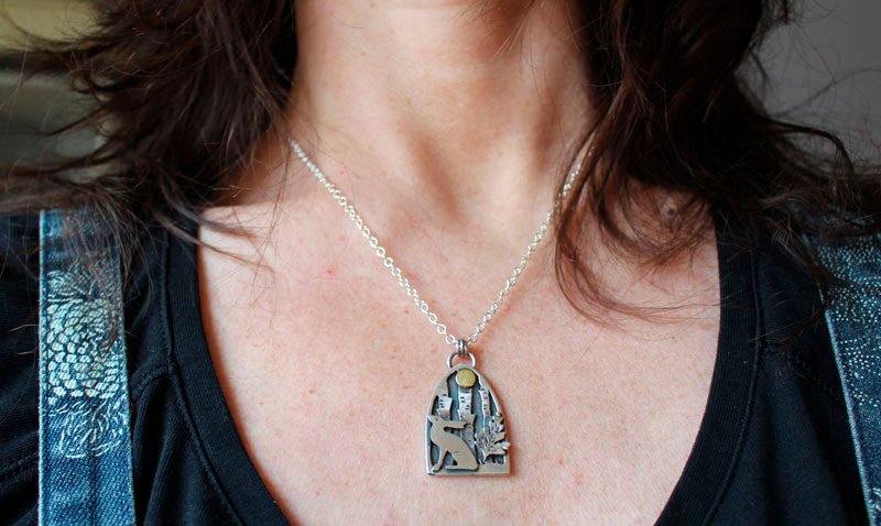 Understory hare, forest under the moon necklace in silver and brass