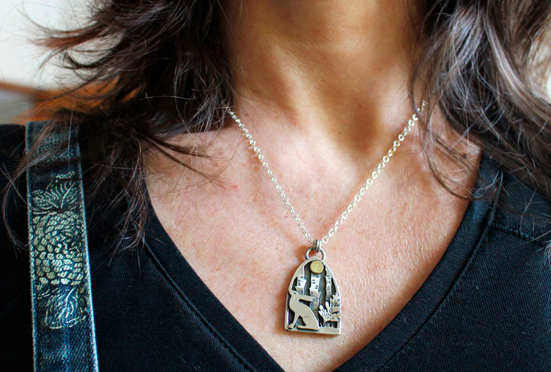 Understory hare, forest under the moon necklace in silver and brass