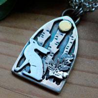 Understory hare, forest under the moon necklace in silver and brass