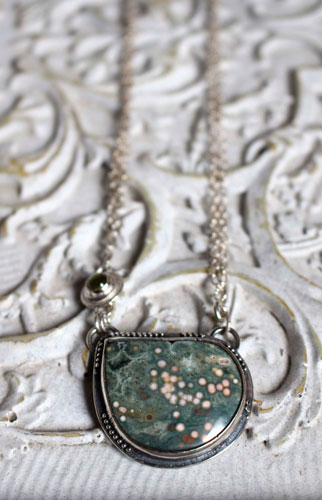 Uranus, Greek creation necklace in silver, ocean jasper, and peridot
