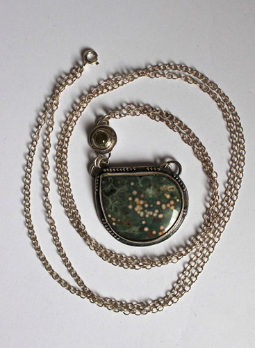 Uranus, Greek creation necklace in silver, ocean jasper, and peridot