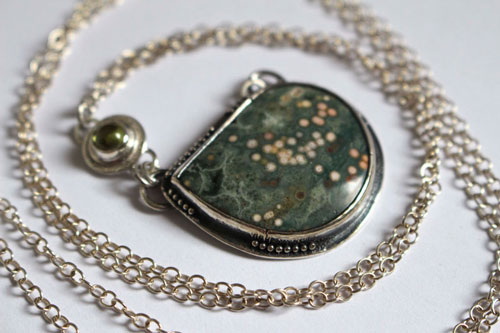 Uranus, Greek creation necklace in silver, ocean jasper, and peridot