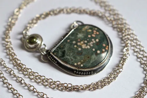 Uranus, Greek creation necklace in silver, ocean jasper, and peridot
