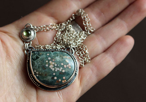 Uranus, Greek creation necklace in silver, ocean jasper, and peridot