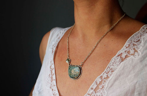 Uranus, Greek creation necklace in silver, ocean jasper, and peridot