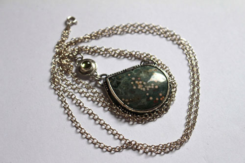 Uranus, Greek creation necklace in silver, ocean jasper, and peridot