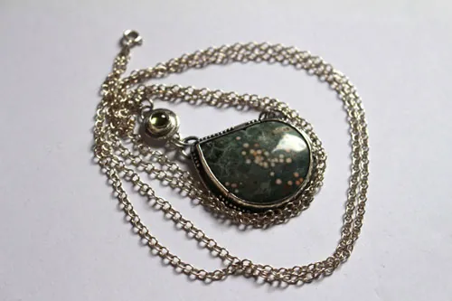 Uranus, Greek creation necklace in silver, ocean jasper, and peridot