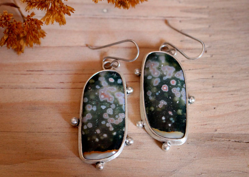 Universe melody, celestial vault earrings in sterling silver and ocean jasper