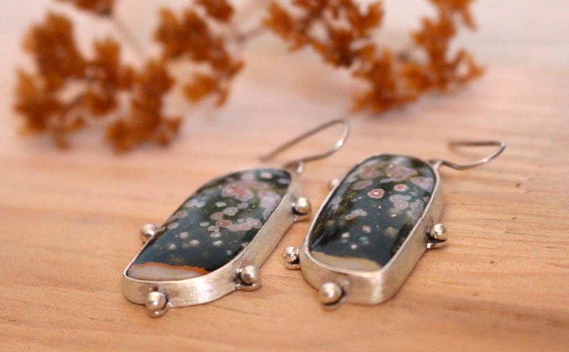 Universe melody, celestial vault earrings in sterling silver and ocean jasper