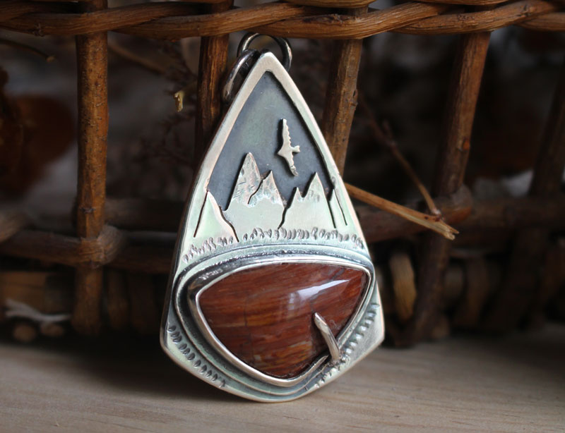 Up there, mountain eagle pendant in silver and red jasper