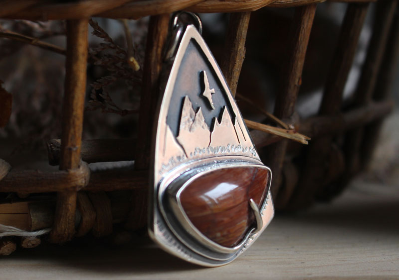 Up there, mountain eagle pendant in silver and red jasper