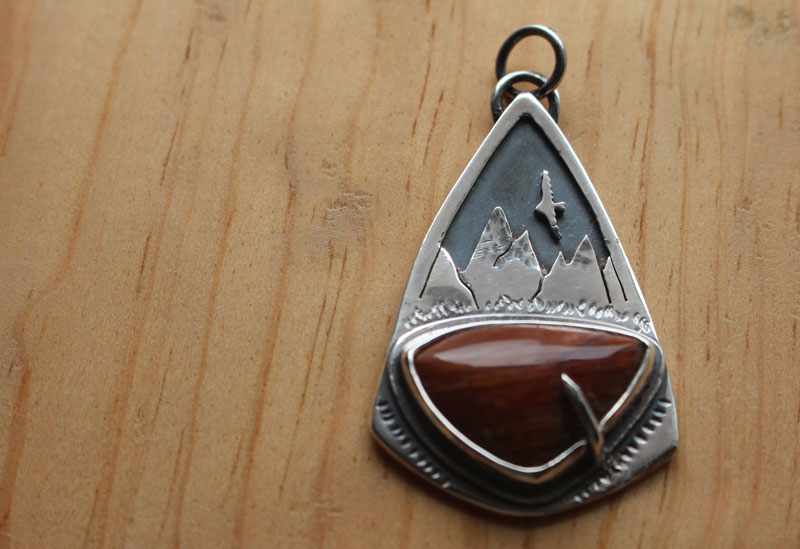 Up there, mountain eagle pendant in silver and red jasper