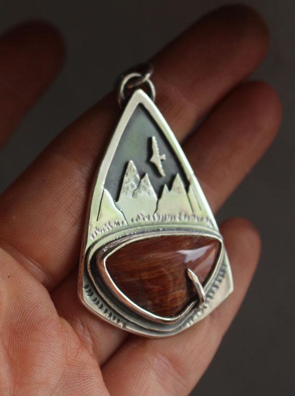 Up there, mountain eagle pendant in silver and red jasper