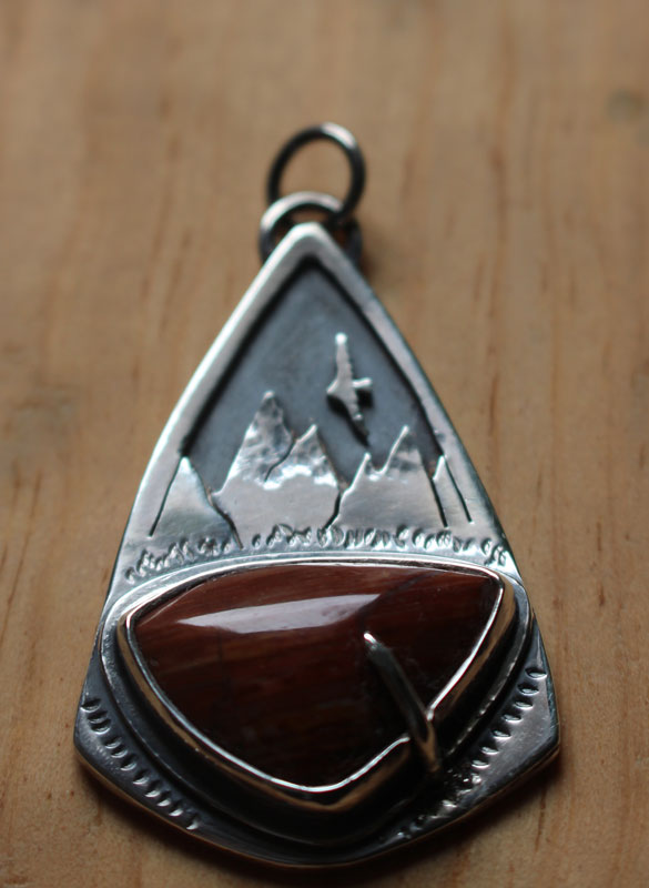 Up there, mountain eagle pendant in silver and red jasper