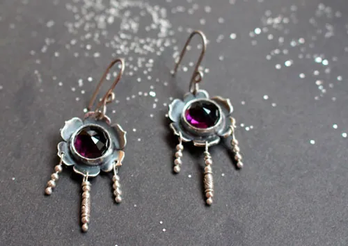 Violet, flower earrings in silver and violet colored glass cabochon