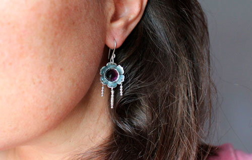Violet, flower earrings in silver and violet colored glass cabochon