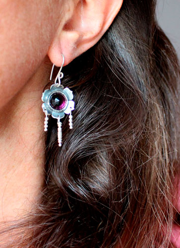 Violet, flower earrings in silver and violet colored glass cabochon
