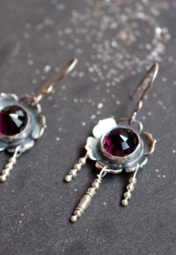 Violet, flower earrings in silver and violet colored glass cabochon