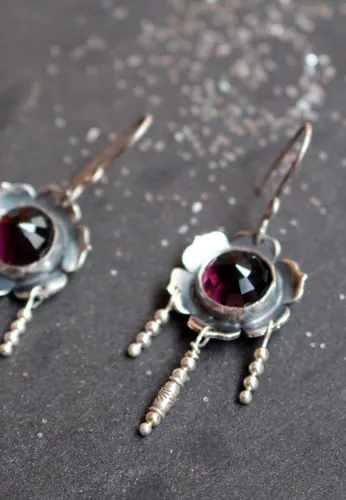Violet, flower earrings in silver and violet colored glass cabochon
